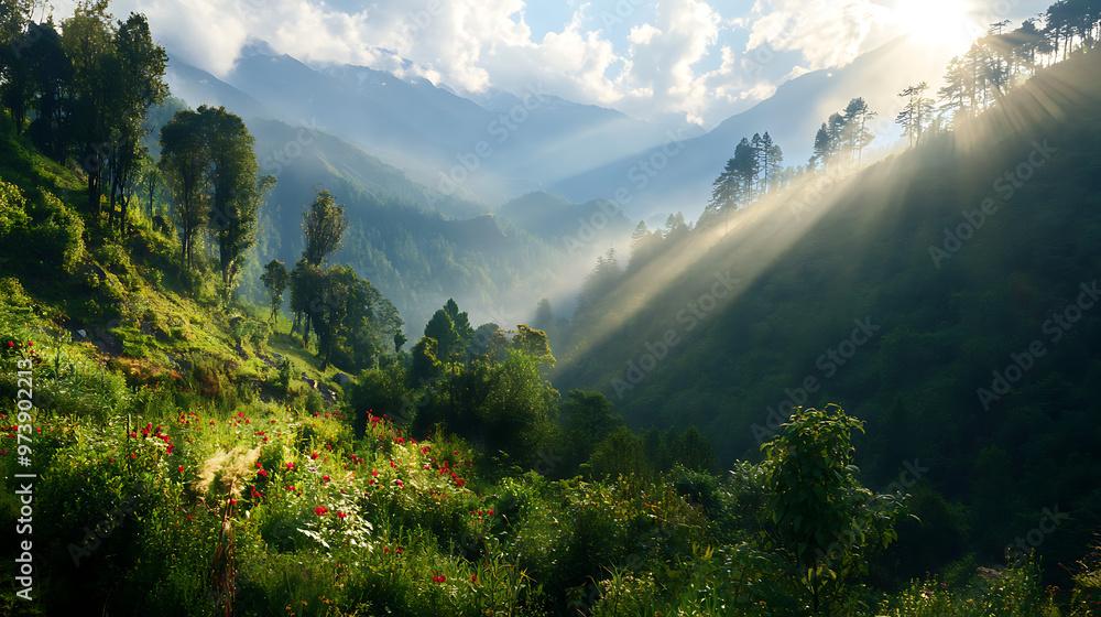 A lush Himalayan landscape with various medicinal plants growing in the wild, highlighted by morning sunlight A lush Himalayan landscape with various medicinal plants growing in the wild, highlighted by morning sunlight