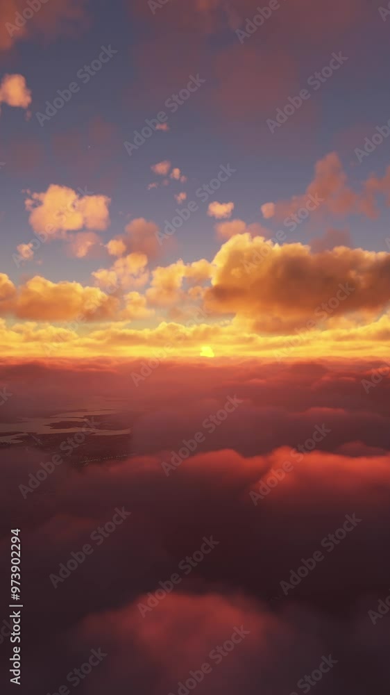 Front Aerial View at Sunrise Flying Over Clouds in a Big City Front Aerial View at Sunrise Flying Over Clouds in a Big City