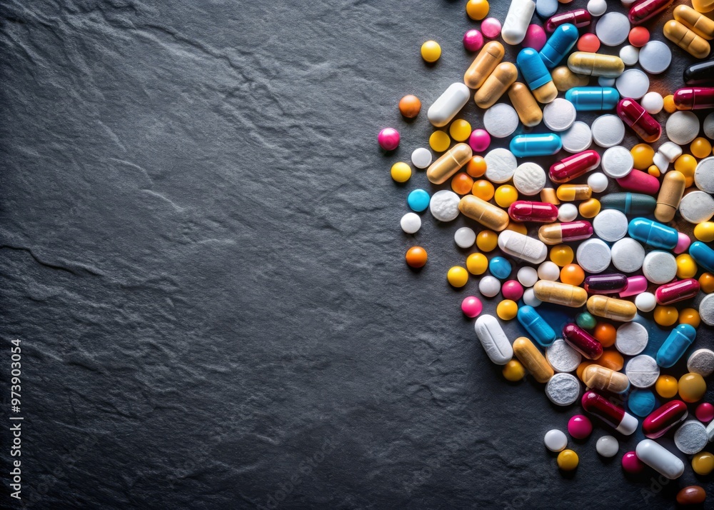 A scattered array of prescription medication, including antidepressants, lies on a dark background, conveying the A scattered array of prescription medication, including antidepressants, lies on a dark background, conveying the