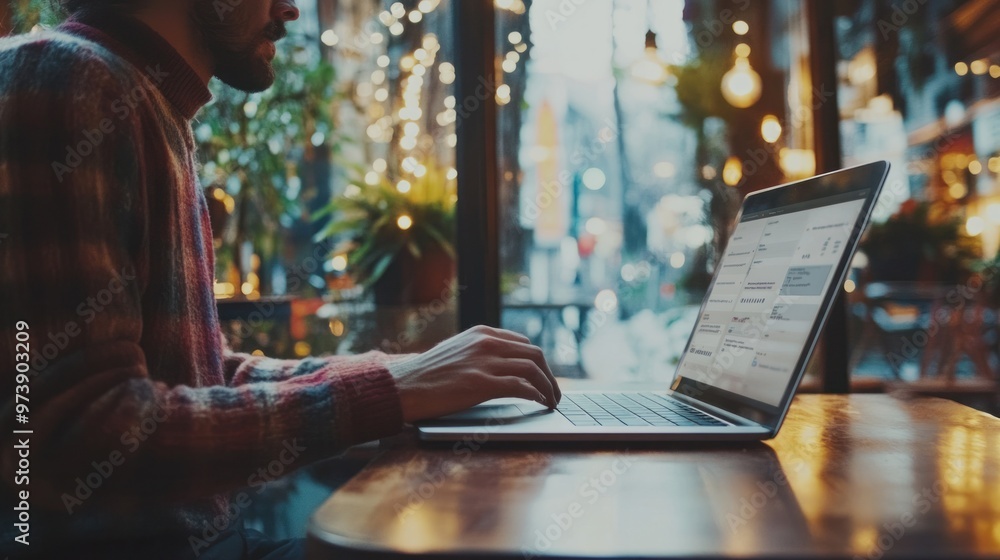 Freelancing online platforms, digital entrepreneur browsing freelance jobs on a laptop in a cafe Freelancing online platforms, digital entrepreneur browsing freelance jobs on a laptop in a cafe