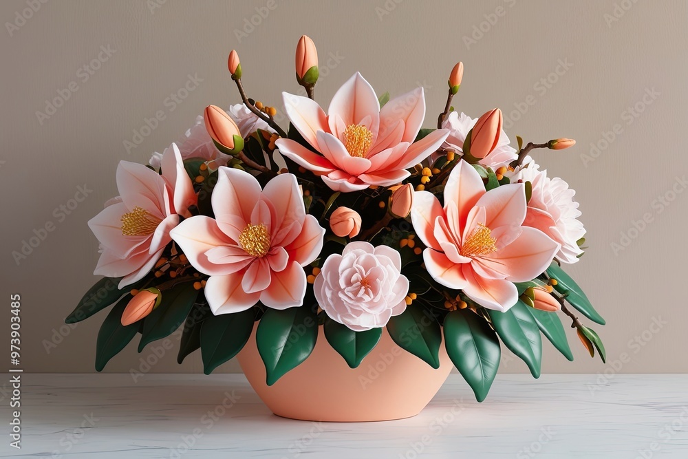 Obraz premium Whimsical 3D Flower Arrangement of Azalea and Magnolia in Peach for Seasonal Beauty
