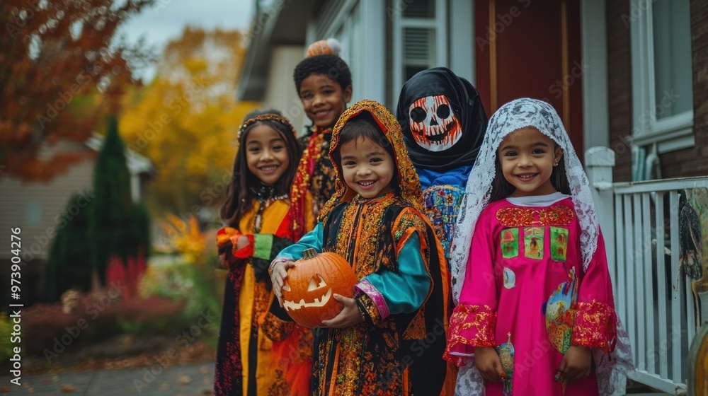 Fototapeta premium Halloween multicultural costumes, people dressed in traditional costumes from around the world with a Halloween twist