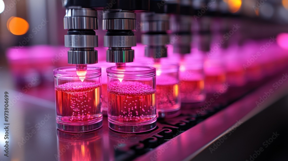 Close-up of a high-tech skincare lab showing a nanotechnology device applying nanomaterials to skin highlighting advanced cosmetic treatments. Close-up of a high-tech skincare lab showing a nanotechnology device applying nanomaterials to skin highlighting advanced cosmetic treatments.