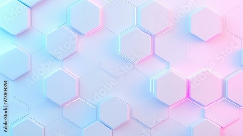 Modern abstract design showcasing glowing hexagonal shapes on a sleek white background for a techinspired aesthetic.