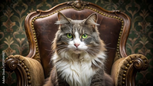 A scowling, grey and white feline with piercing green eyes and raised hackles sits atop a worn velvet