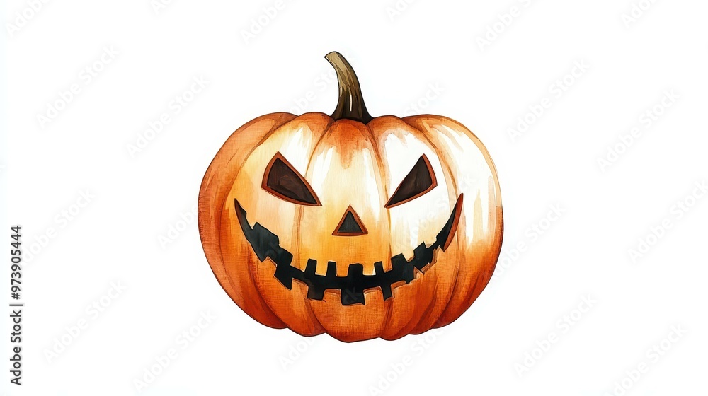 Fototapeta premium A sinister jackolantern glows with eerie charm in vibrant watercolor, perfect for Halloween decor and autumn vibes.