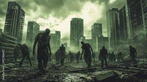 Halloween zombie apocalypse scene with zombies roaming in a deserted urban area