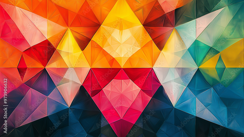 Obraz premium A digital artwork featuring a kaleidoscope of colors, with overlapping geometric shapes in various bright hues, creating a sense of movement and rhythm