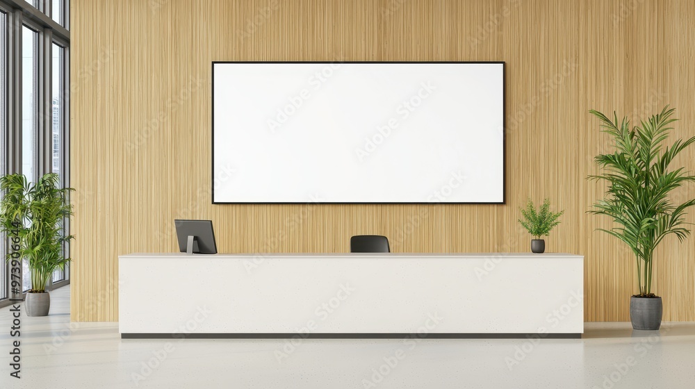 Minimalist Office Reception Desk with Blank TV Screen Minimalist Office Reception Desk with Blank TV Screen