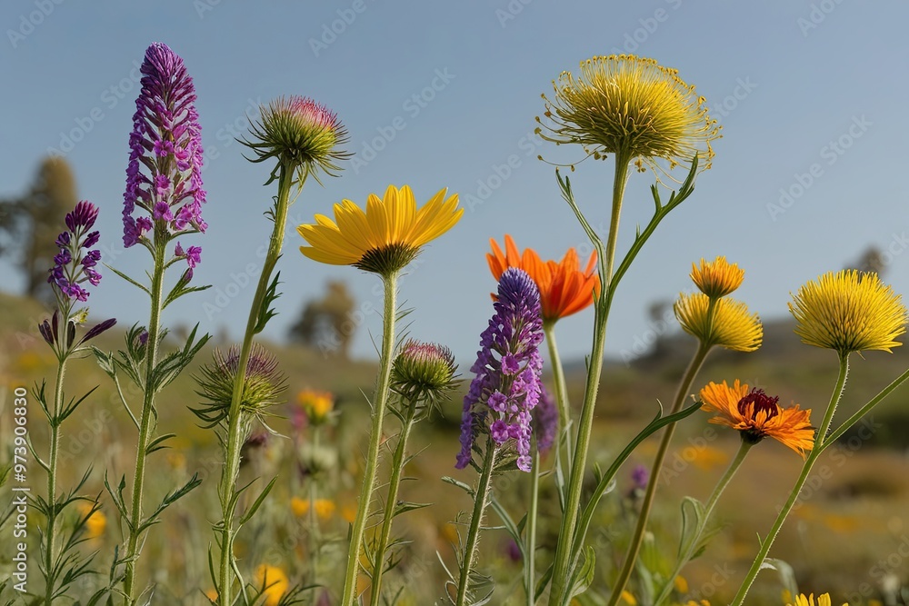 Fototapeta premium Artistic Portrayal of Distinctive Wildflowers Against a Clear Backdrop