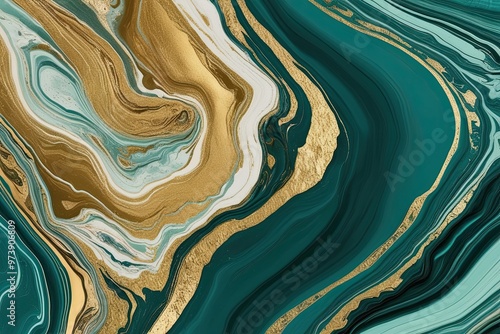 Abstract Teal and Gold Marble Background with Fluid Paint Patterns and Water Effects for Luxurious Contemporary Decor