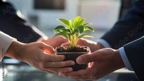 Diverse business people show unity by holding a small plant together, symbolizing teamwork and growth