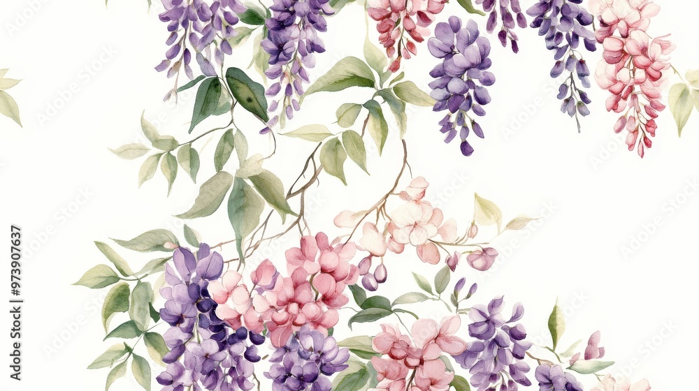 Fototapeta premium Seamless spring wallpaper with watercolor vintage wisteria frame