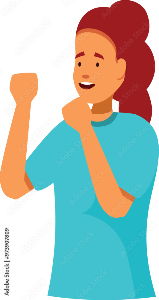 Young woman raising hand having idea thinking and dreaming with curious face expression cartoon style vector illustration Young woman raising hand having idea thinking and dreaming with curious face expression cartoon style vector illustration