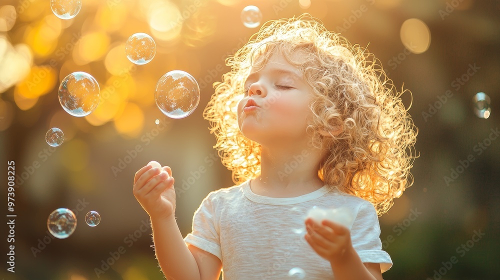 Happy Child Blowing Bubbles in Sunlight Happy Child Blowing Bubbles in Sunlight