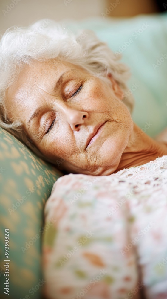 A comfortable elderly woman is napping softly on her couch, enjoying a peaceful moment in the afternoon sun A comfortable elderly woman is napping softly on her couch, enjoying a peaceful moment in the afternoon sun