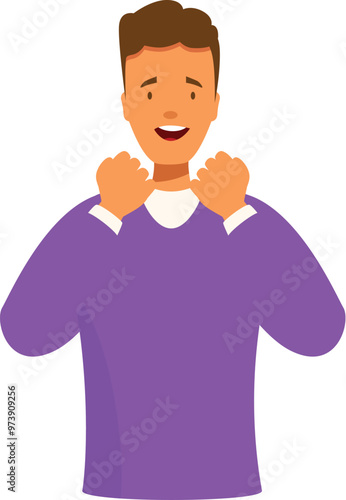 Young man is holding his fists up, celebrating success with a happy face