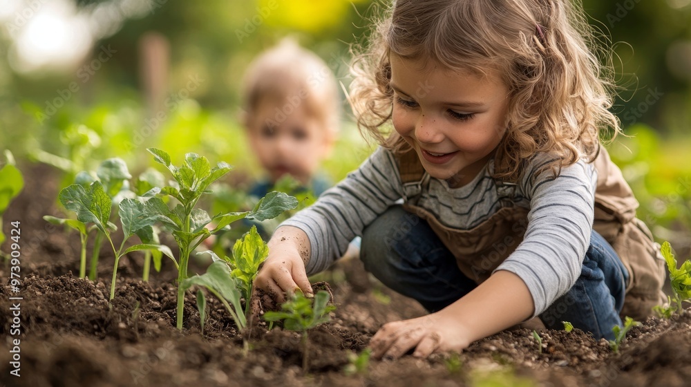 Happy Girl Planting Seeds in Garden Bed Happy Girl Planting Seeds in Garden Bed