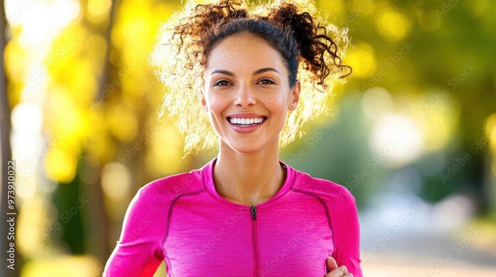 A woman enjoys jogging in a sunny park, embracing the warm weather and beautiful surroundings with a bright smile A woman enjoys jogging in a sunny park, embracing the warm weather and beautiful surroundings with a bright smile