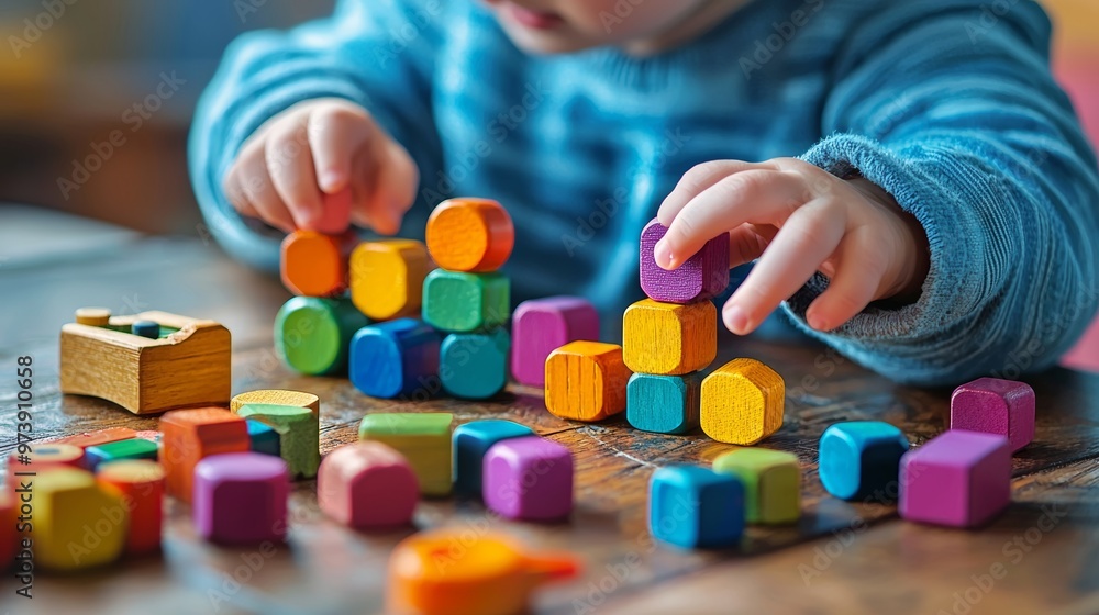 Child Playing with Colorful Wooden Blocks on a Wooden Table Child Playing with Colorful Wooden Blocks on a Wooden Table