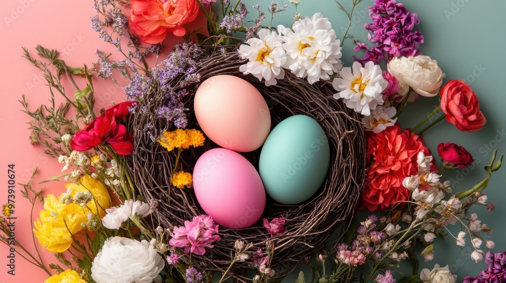 Brightly colored Easter eggs are nestled in a natural nest adorned with a variety of lovely flowers, capturing festive springtime spirit Brightly colored Easter eggs are nestled in a natural nest adorned with a variety of lovely flowers, capturing festive springtime spirit