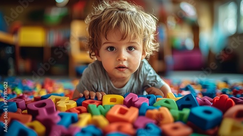 Cute Toddler Boy Playing With Colorful Alphabet Blocks