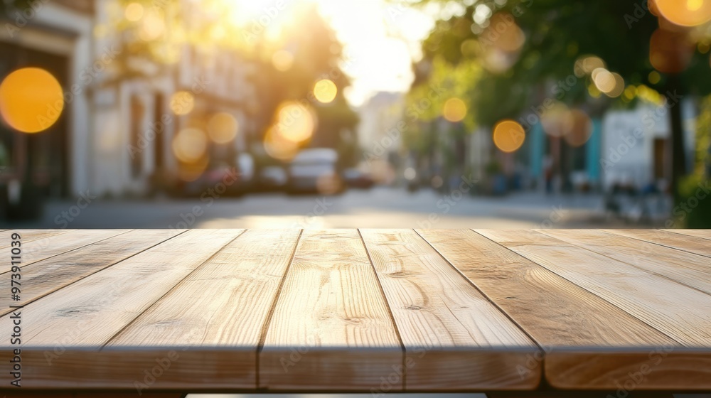 The empty light wooden table is showcased with a blurred urban backdrop illuminated by warm golden sunlight The empty light wooden table is showcased with a blurred urban backdrop illuminated by warm golden sunlight