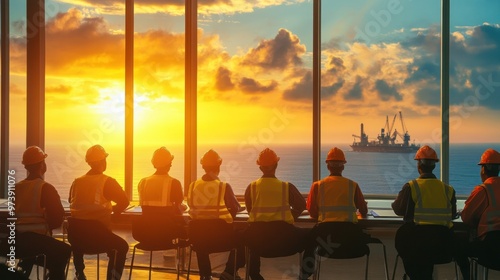 Offshore worker training session, diverse group of workers learning safety protocols, bright training room, ocean view in the background