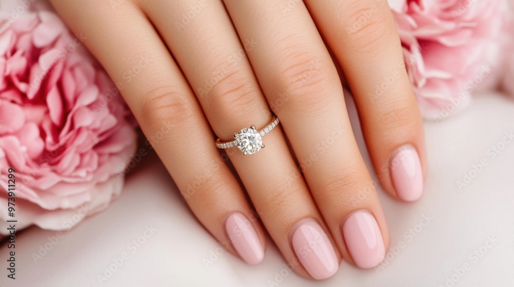 A graceful hand showcases a sparkling diamond ring with a subtle manicure, complemented by blooming pink florals nearby A graceful hand showcases a sparkling diamond ring with a subtle manicure, complemented by blooming pink florals nearby