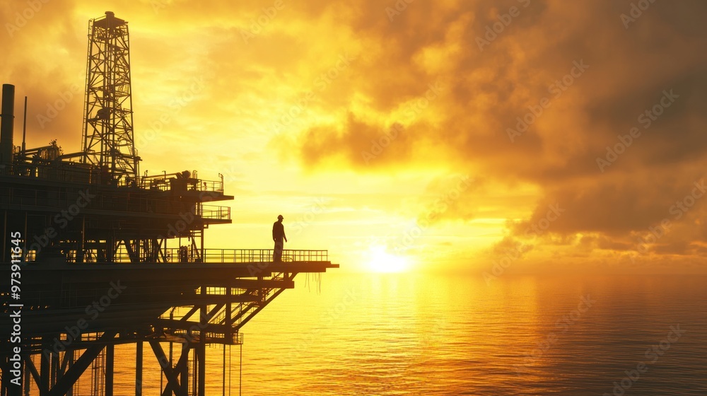 Obraz premium Oil rig at sunrise, golden light illuminating the structure, silhouette of a worker on the platform, calm sea, peaceful atmosphere