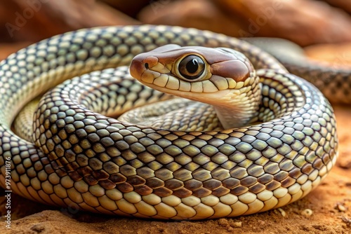 A serene close-up of a Javanese cat snake's (Acrochordus javanicus) intricate patterned scales, coiled in a harmonious photo