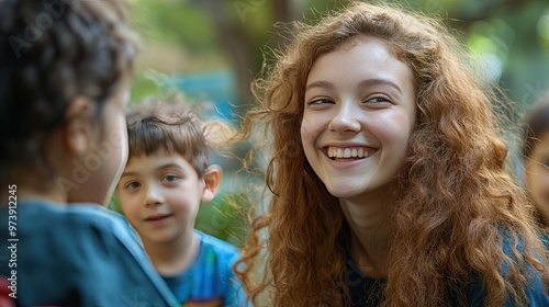 A young woman with red hair laughs while looking at a young boy, a second young boy is in the background.