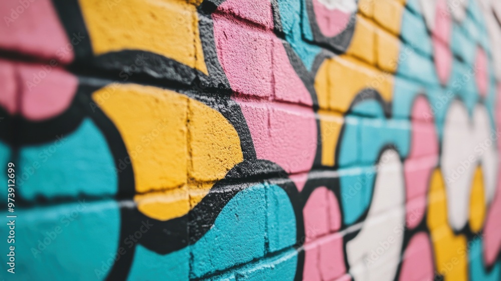Bright and colorful graffiti art covers a textured brick wall, adding character and creativity to the urban environment on a sunny day Bright and colorful graffiti art covers a textured brick wall, adding character and creativity to the urban environment on a sunny day