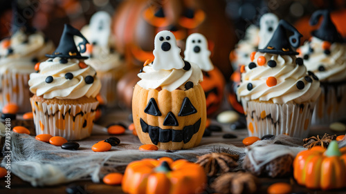 Halloween-themed snacks and cupcakes with ghost and pumpkin decorations