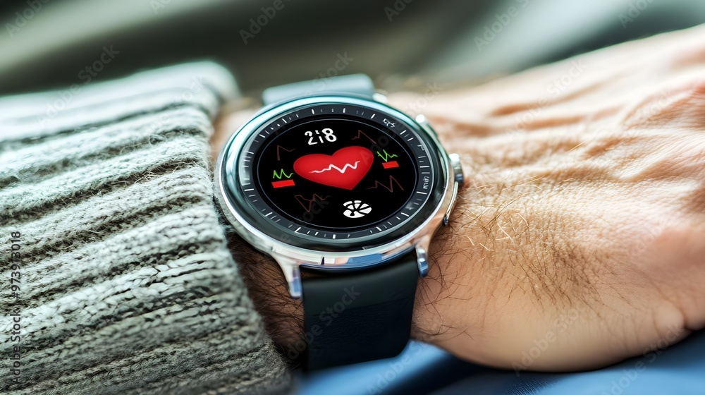 A close-up of a smartwatch displaying heart rate metrics, worn on a wrist, showcasing modern health technology. A close-up of a smartwatch displaying heart rate metrics, worn on a wrist, showcasing modern health technology.