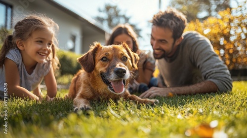 Happy Family and Dog Playing on Green Grass in Backyard