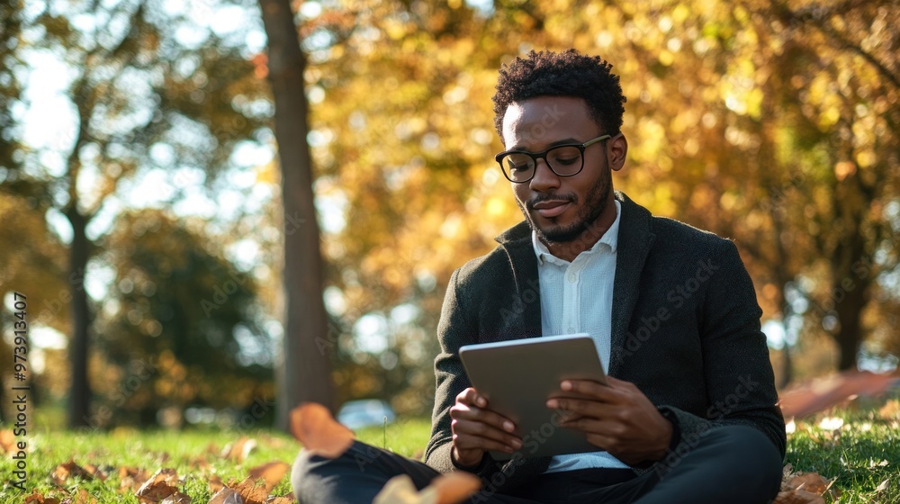 Remote job, young professional working on a tablet in a park Remote job, young professional working on a tablet in a park