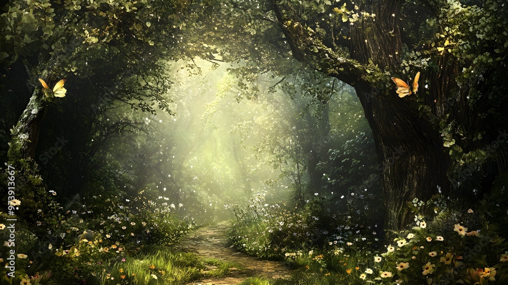 Sunlit Path Through a Mystical Forest with Butterflies Sunlit Path Through a Mystical Forest with Butterflies