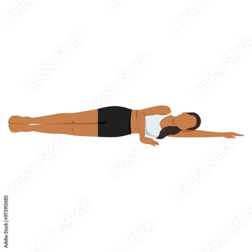 Young woman doing Easy Side Reclining Pose Variation or Sahaja Anantasana Variation. Flat vector illustration isolated on white background