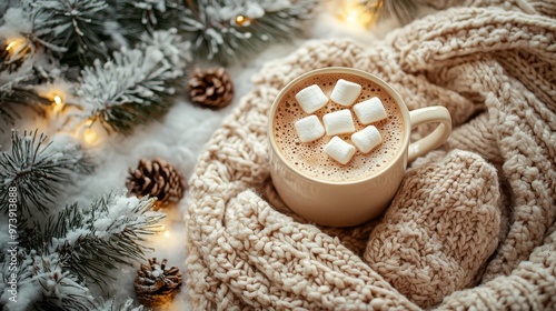 Cozy Winter Hot Chocolate with Marshmallows and Knit Blanket