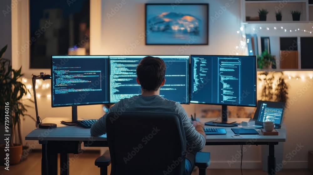 Remote work productivity, focused individual working in a minimalist home office with multiple screens Remote work productivity, focused individual working in a minimalist home office with multiple screens