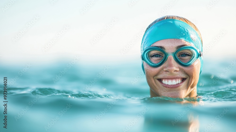 Naklejka premium A smiling female swimmer engages in open water training, showcasing her enthusiasm and focus while splashing in the turquoise water