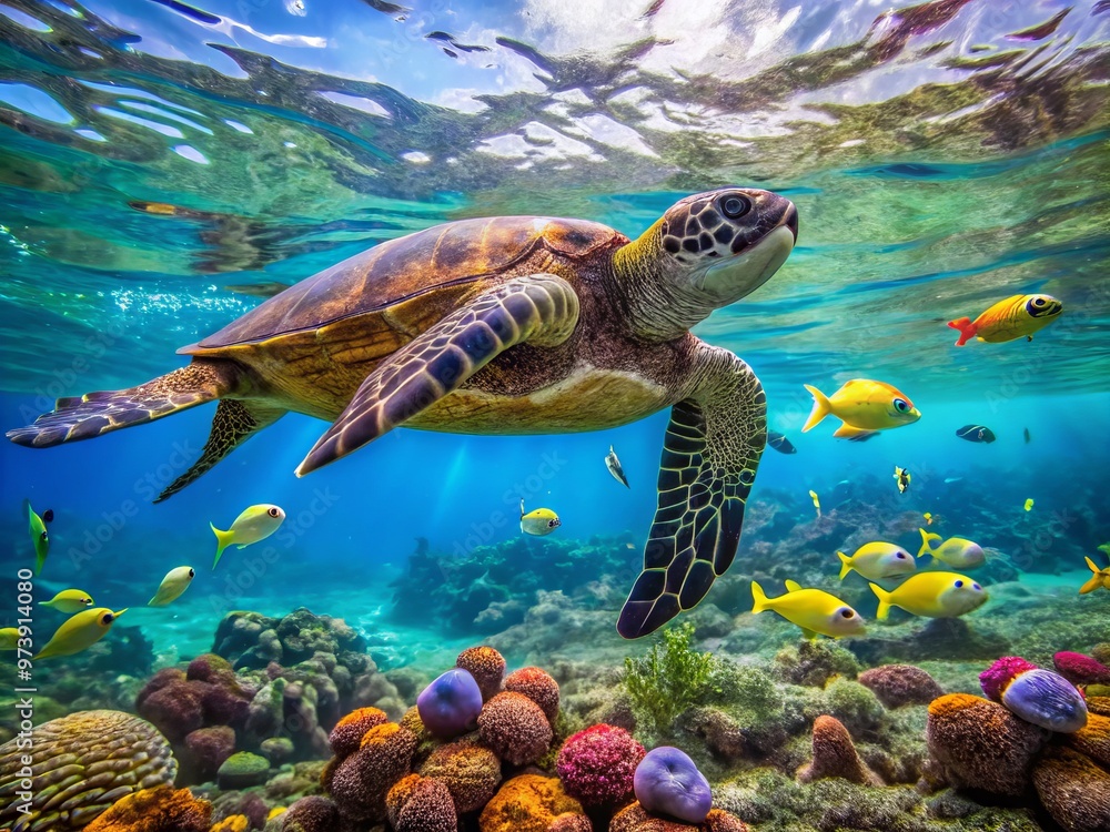 Obraz premium A serene Hawaiian sea turtle swims gracefully near coral reef in crystal-clear turquoise waters, surrounded by schools
