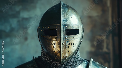 Close-up of a knight's helmet, with a chainmail collar, against a stone wall background.