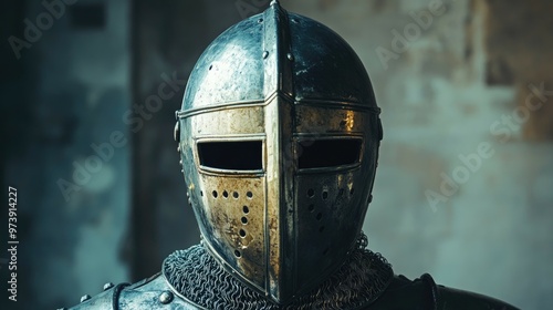 Close-up of a medieval knight's helmet with a chainmail collar.