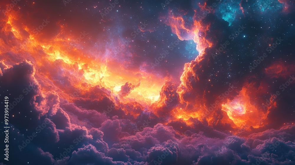 Space in stylized 3D style with bold shapes, vibrant colors, layered depth, and dynamic movement. Space in stylized 3D style with bold shapes, vibrant colors, layered depth, and dynamic movement.
