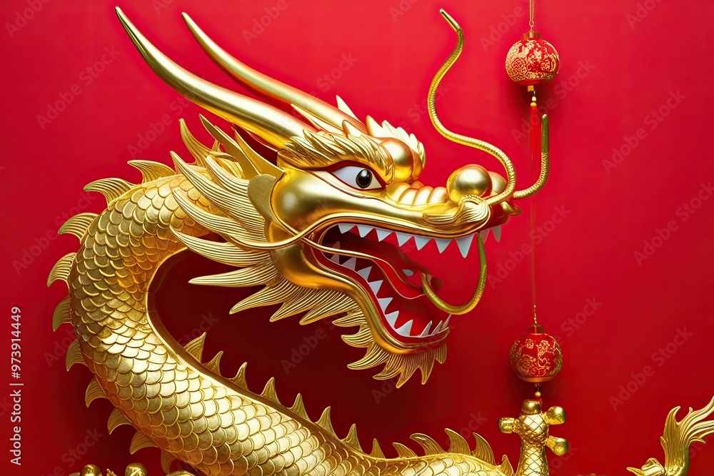 Golden Chinese Dragon on Red Background for Cultural Festival Celebration Golden Chinese Dragon on Red Background for Cultural Festival Celebration