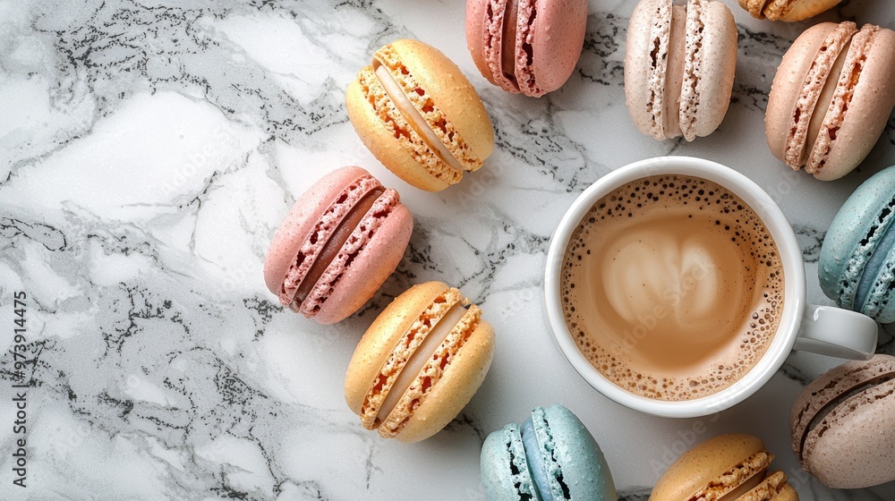 Coffee and Colorful Macarons on Marble Background Coffee and Colorful Macarons on Marble Background