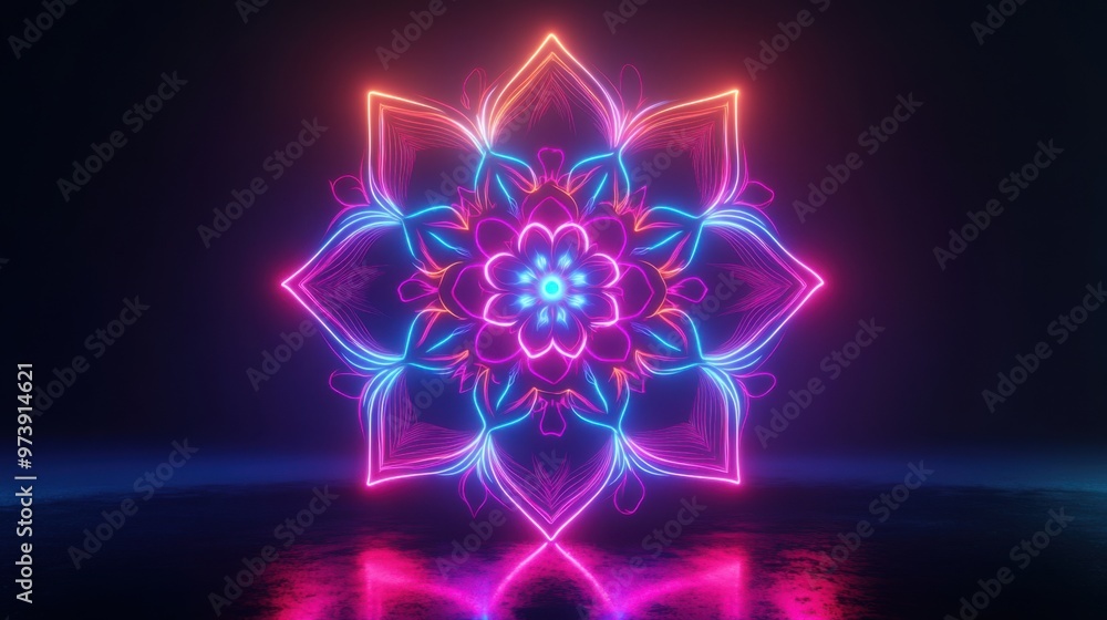Fototapeta premium Illuminated Mandala of Serenity: Surreal Neon Art for Mindfulness and Inner Balance