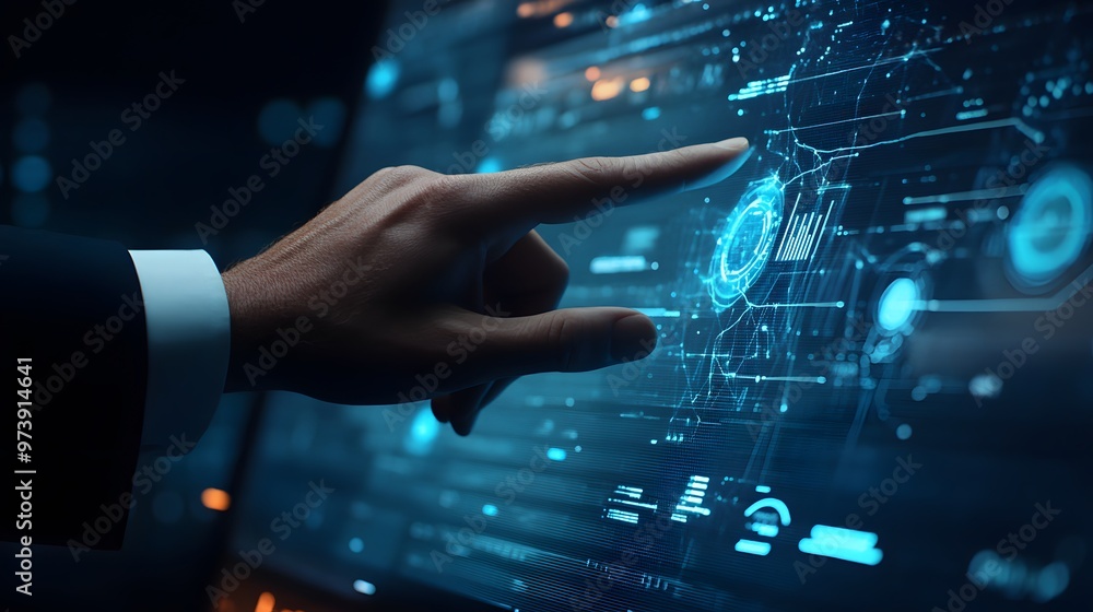 Hand Interacting with a Digital Interface Displaying Data and Graphs Hand Interacting with a Digital Interface Displaying Data and Graphs